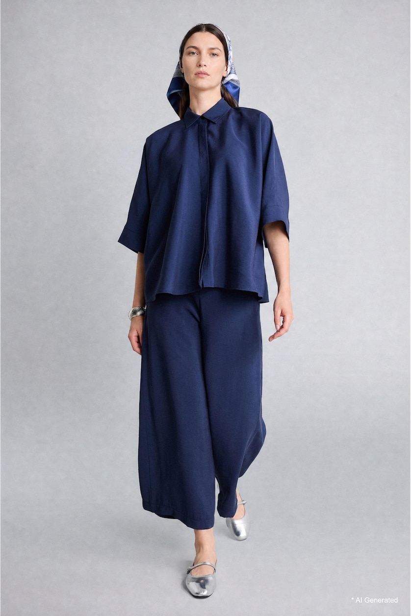 Women NAVY Regular Fit Wide Leg Modal Trousers