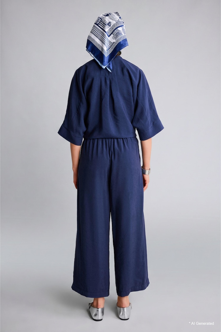 Women NAVY Regular Fit Wide Leg Modal Trousers