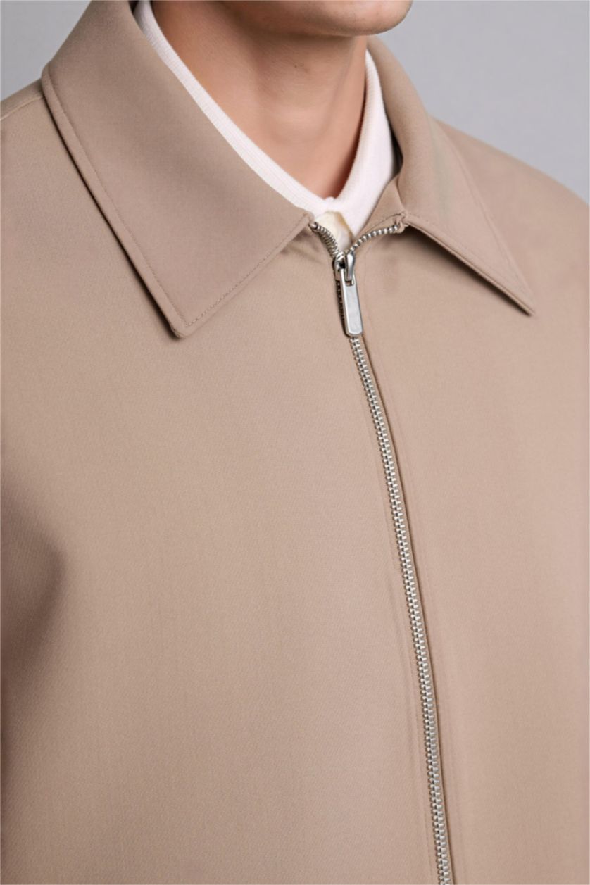 Erkek Bej Slım Fıt Polo Yaka Astarlı Fermuarlı Mont