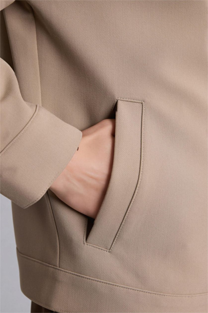 Erkek Bej Slım Fıt Polo Yaka Astarlı Fermuarlı Mont