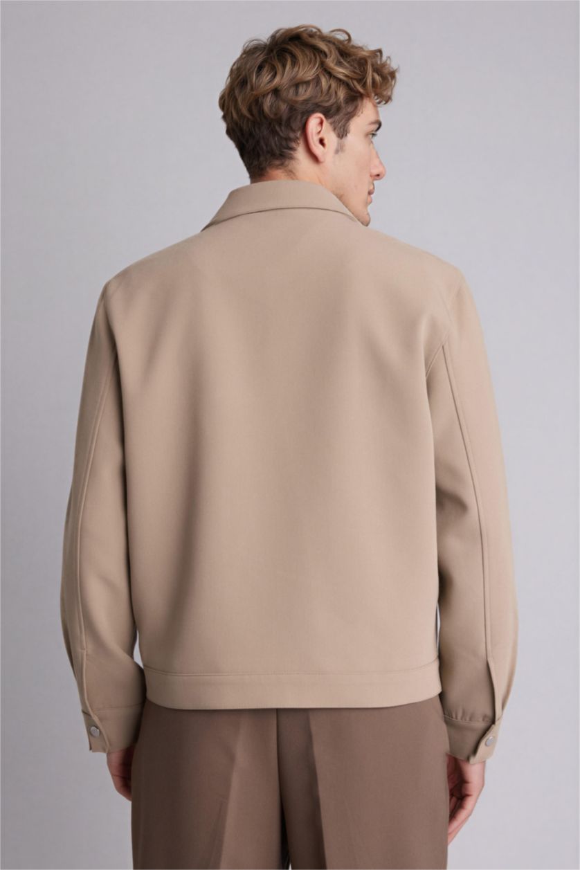 Erkek Bej Slım Fıt Polo Yaka Astarlı Fermuarlı Mont