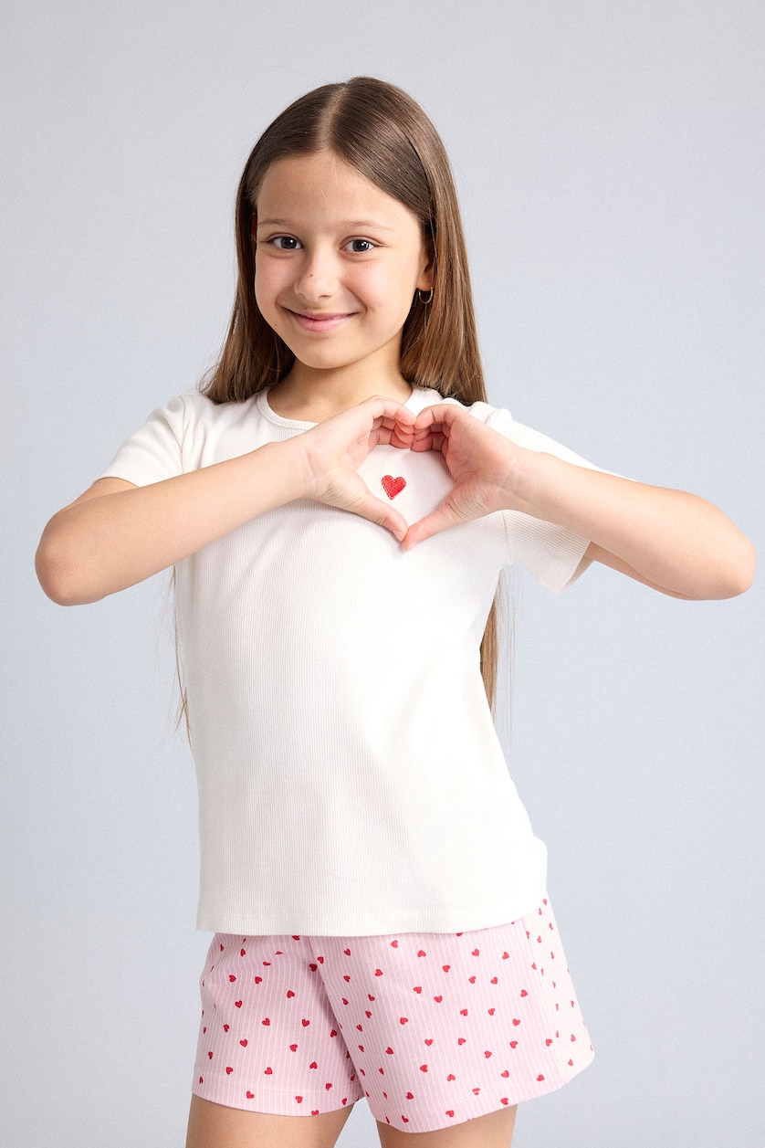 Girls & Teens Ecru Girl Regular Fit Ribbed T 2 Piece Pyjama Set