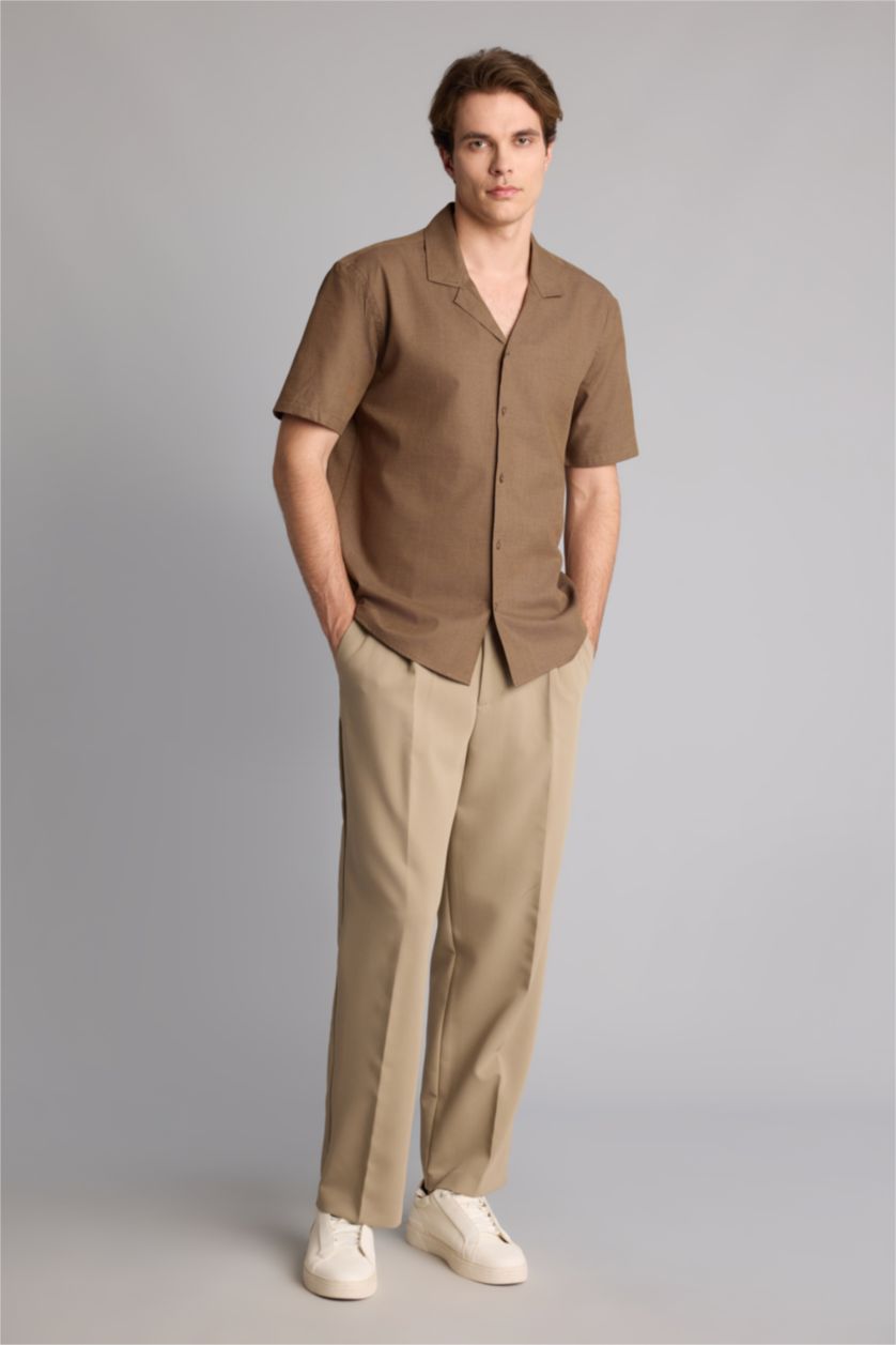 Man Teak Regular Fit Shirt Collar Linen Blended Short Sleeve Shirt