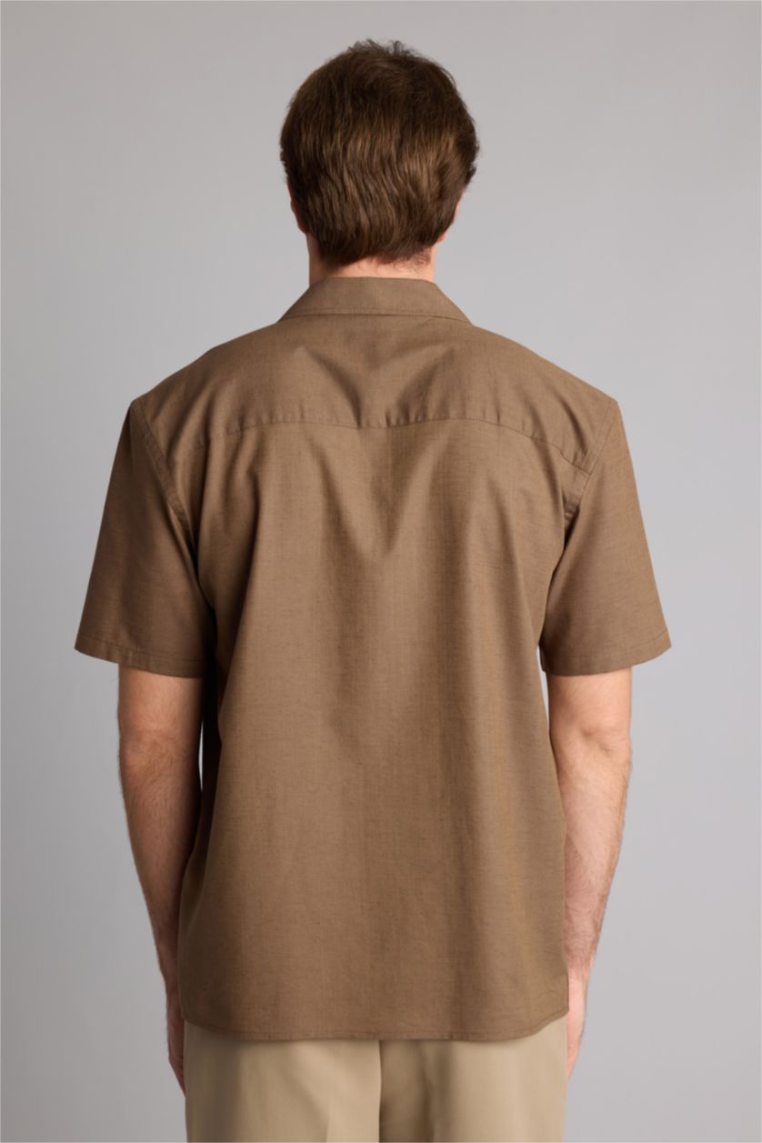 Man Teak Regular Fit Shirt Collar Linen Blended Short Sleeve Shirt