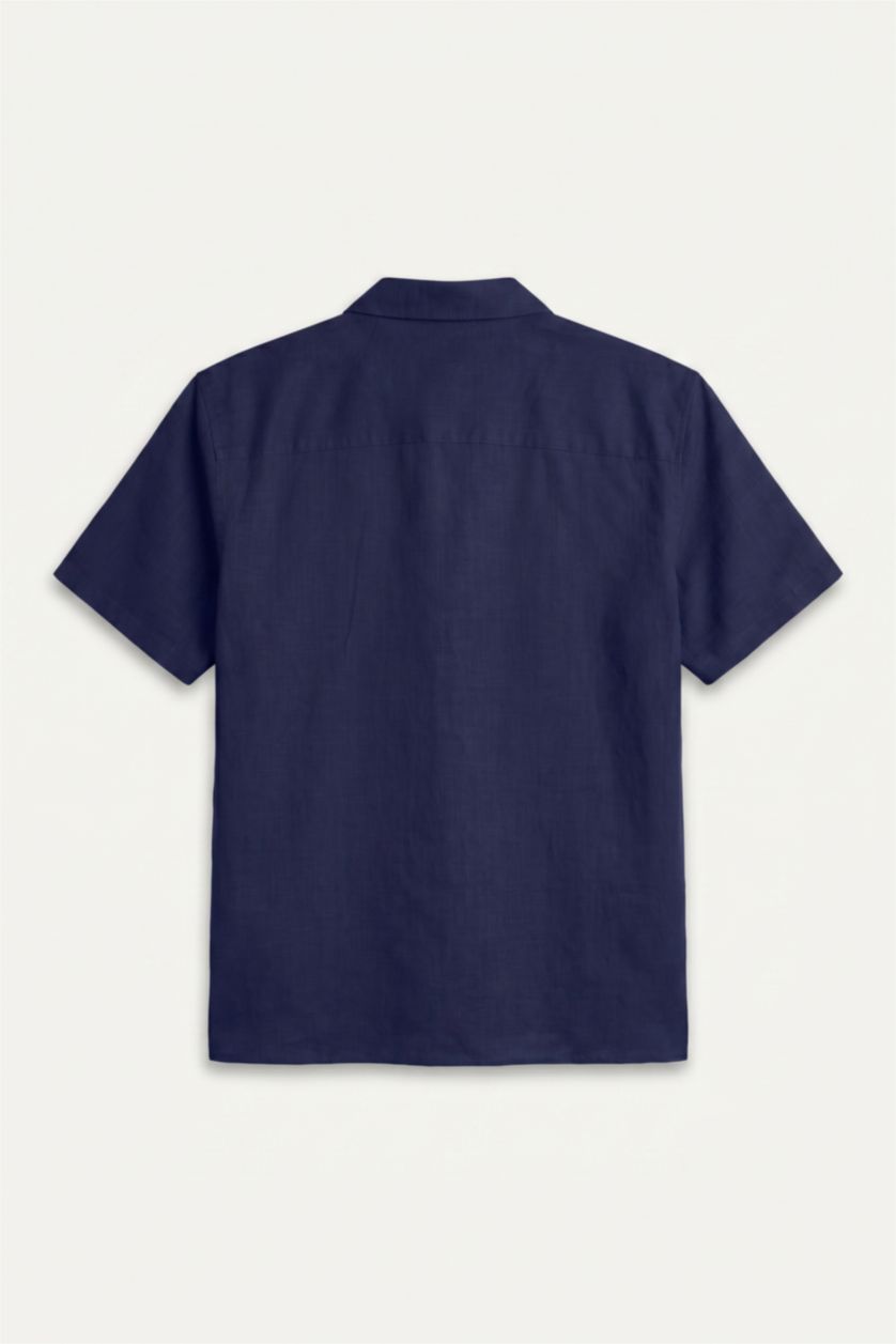 Erkek Lacivert Regular Fit Kısa Kollu Keten Gömlek