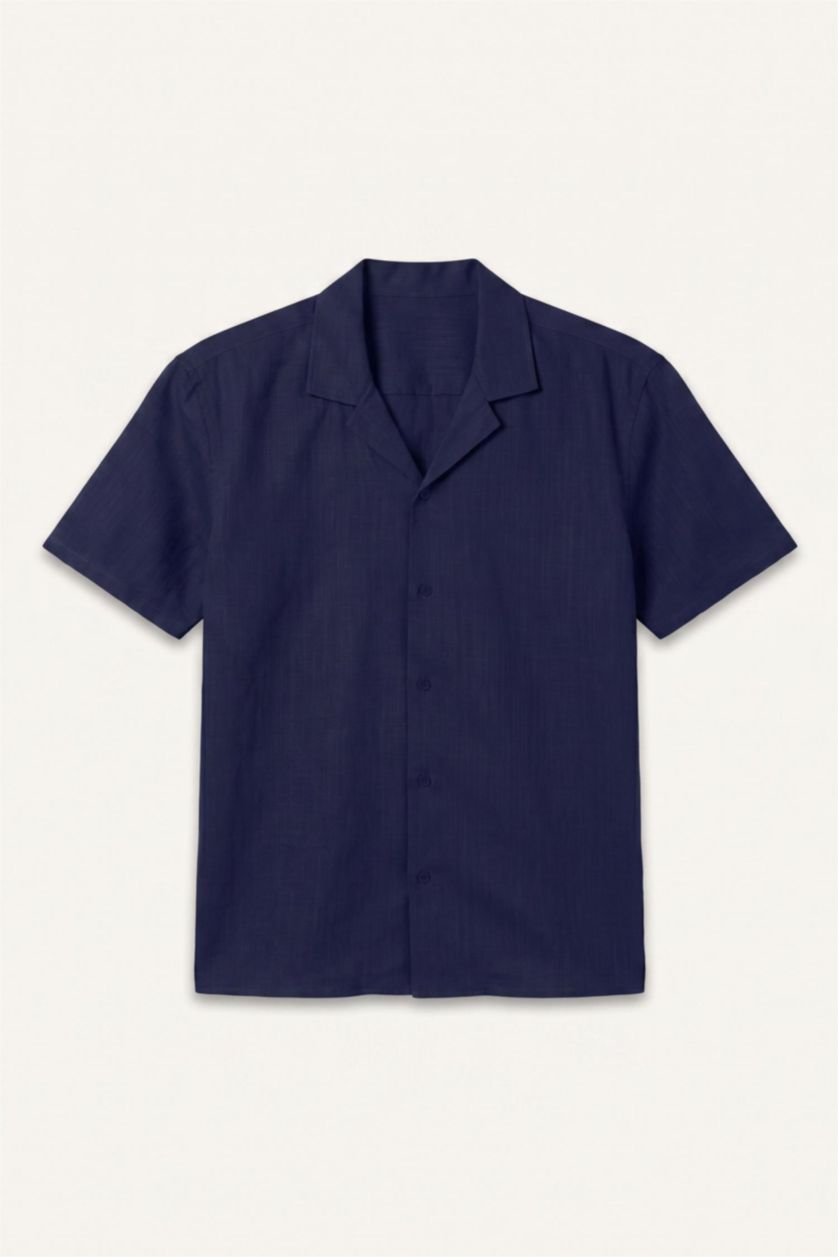 MAN NAVY Regular Fit Linen Blended Short Sleeve Shirt
