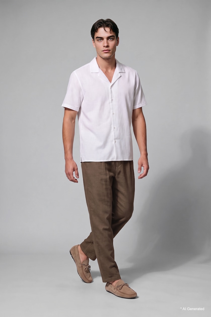 رجال اوف وايت Regular Fit White Short Sleeve Linen-Blend Shirt