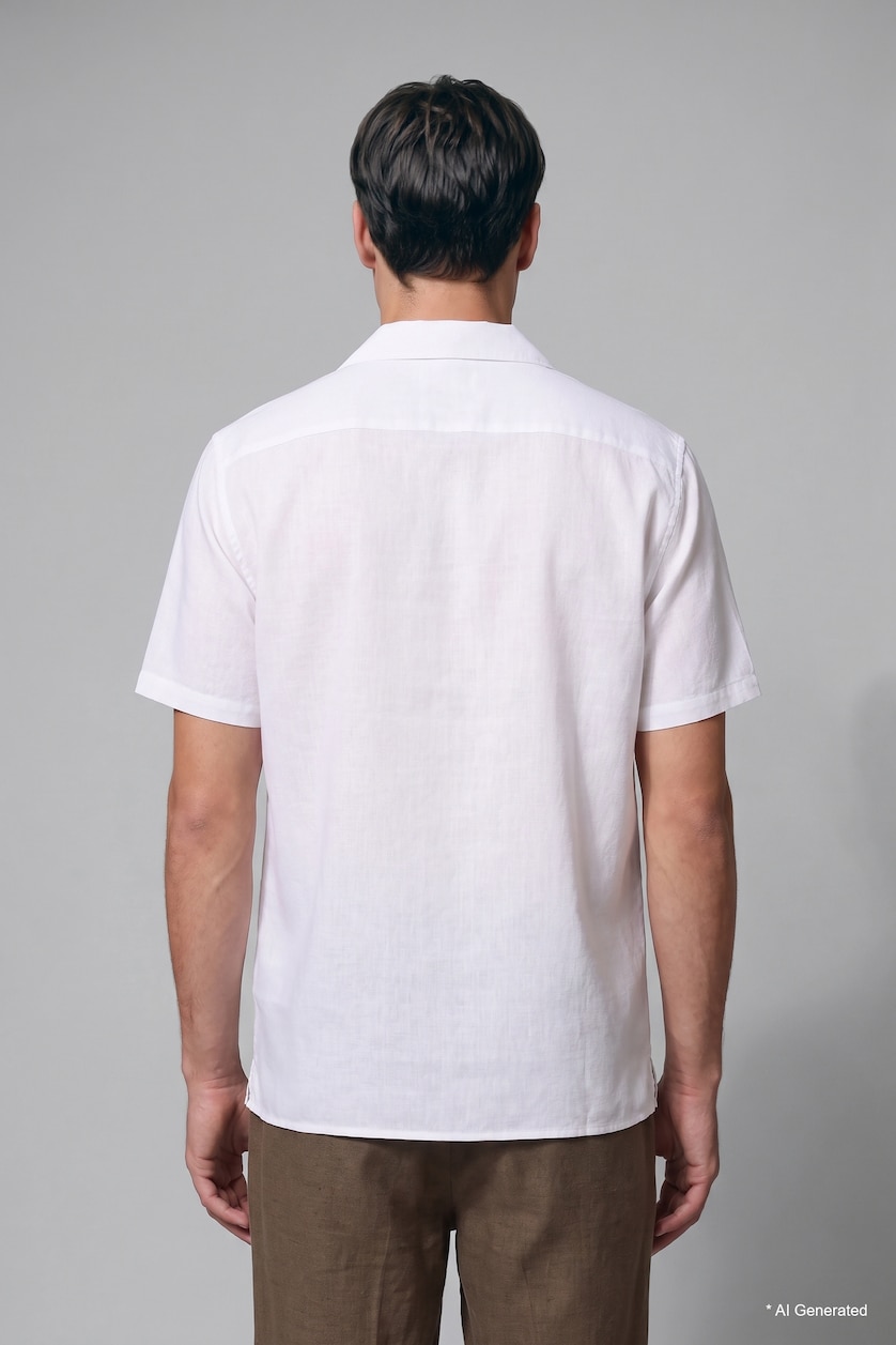 رجال اوف وايت Regular Fit White Short Sleeve Linen-Blend Shirt