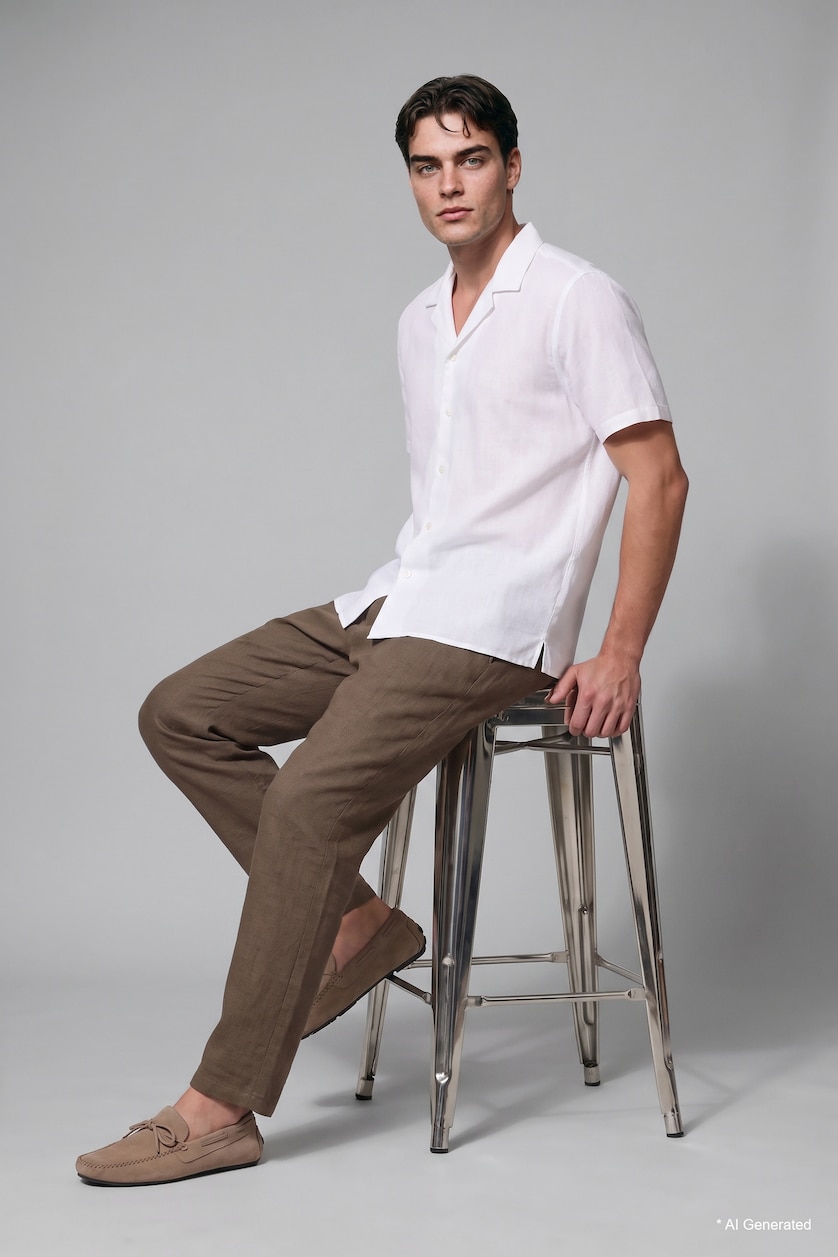 رجال اوف وايت Regular Fit White Short Sleeve Linen-Blend Shirt