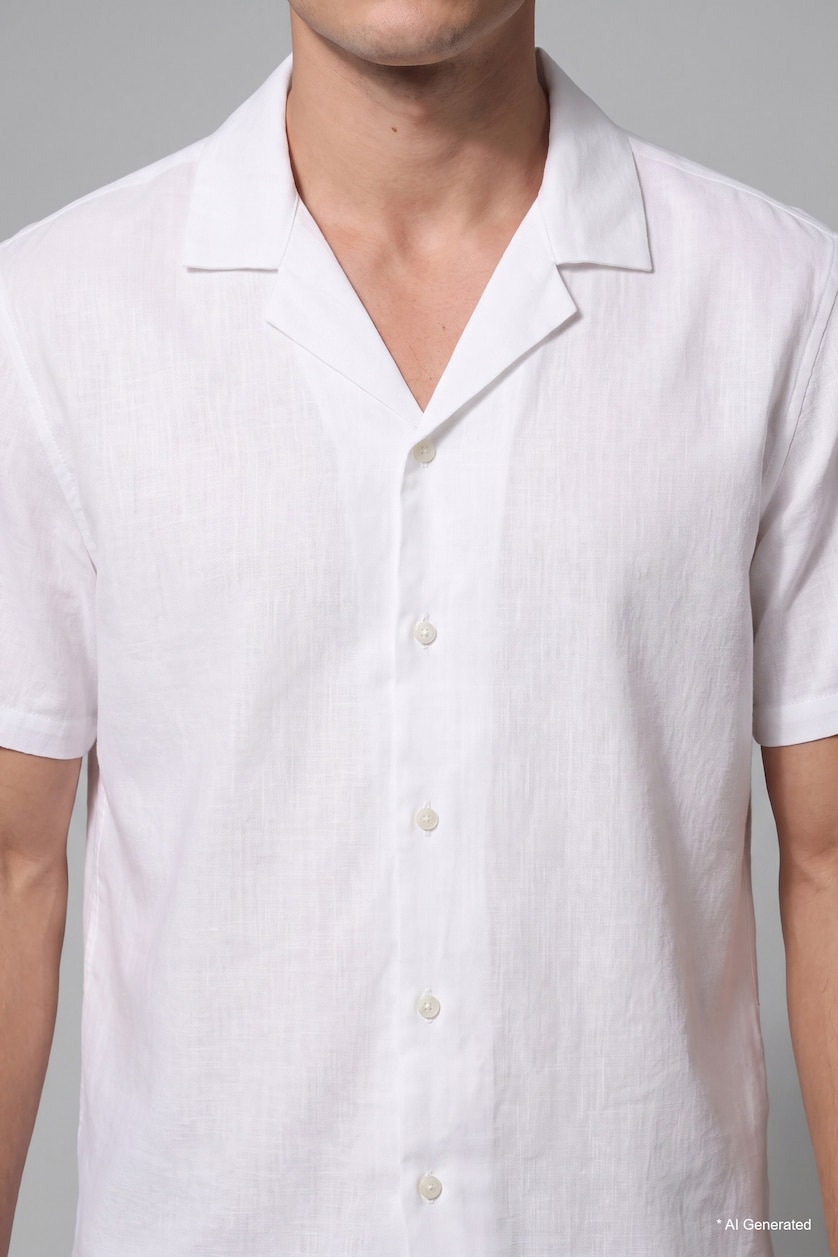 رجال اوف وايت Regular Fit White Short Sleeve Linen-Blend Shirt