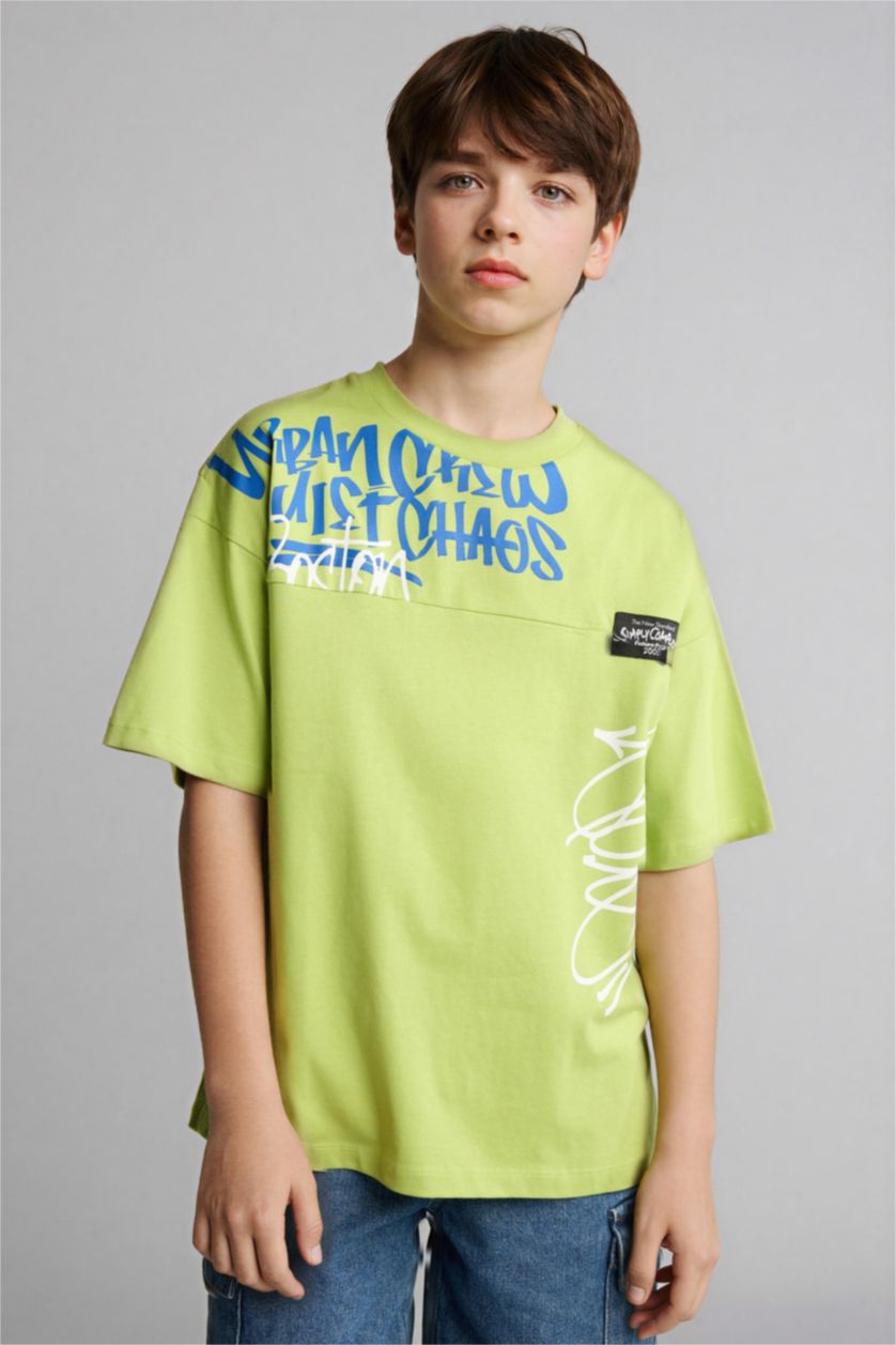 Erkek Çocuk - Genç Erkek Yeşil Regular Fıt Baskılı Kısa Tişört