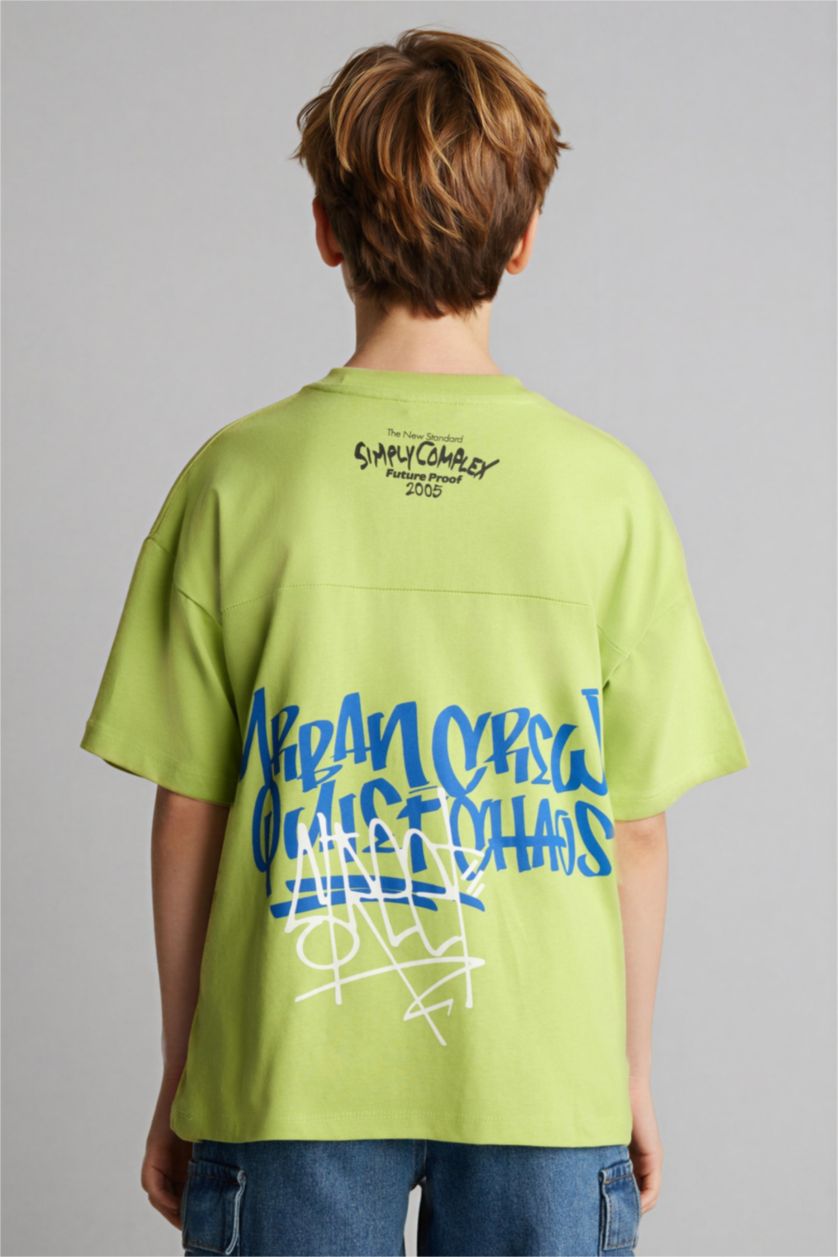 Erkek Çocuk - Genç Erkek Yeşil Regular Fıt Baskılı Kısa Tişört