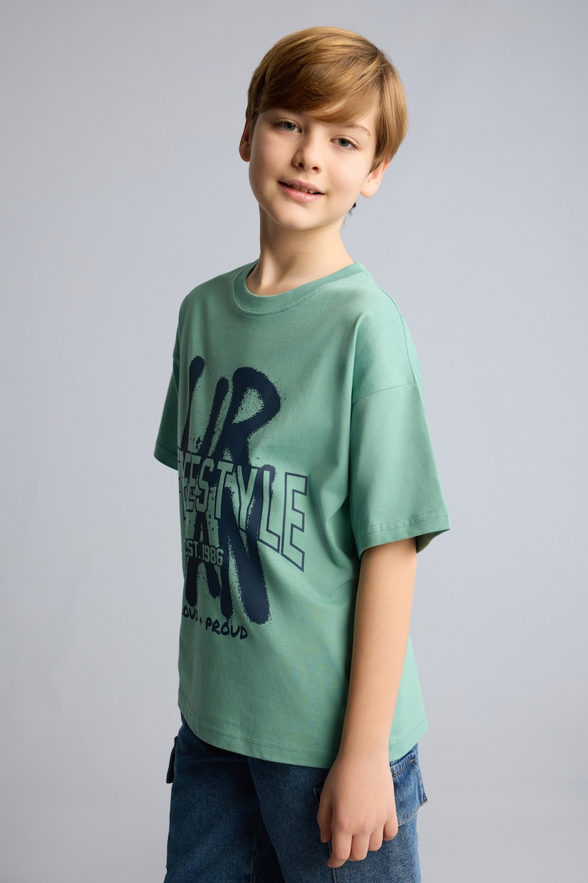 Young Boys - Teen Boys Green Boy New Regular Fit Printed Short Sleeve T-Shirt