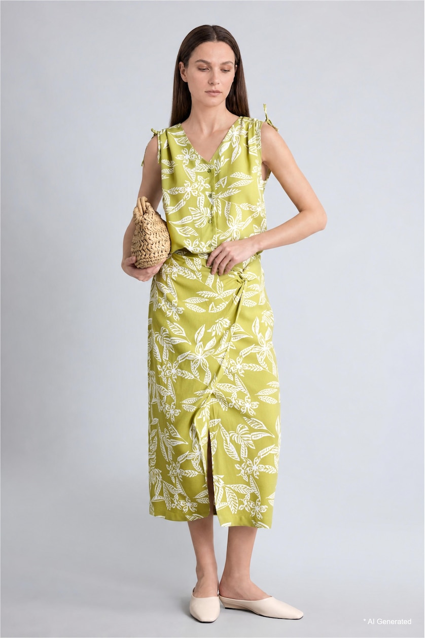 WOMAN Green Regular Fit Printed Sleeveless V-Neck Shirt