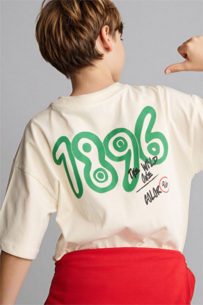 Boys & Teens Ecru تيشيرت ولادي نص ردن مطبوع بياخة مستديرة