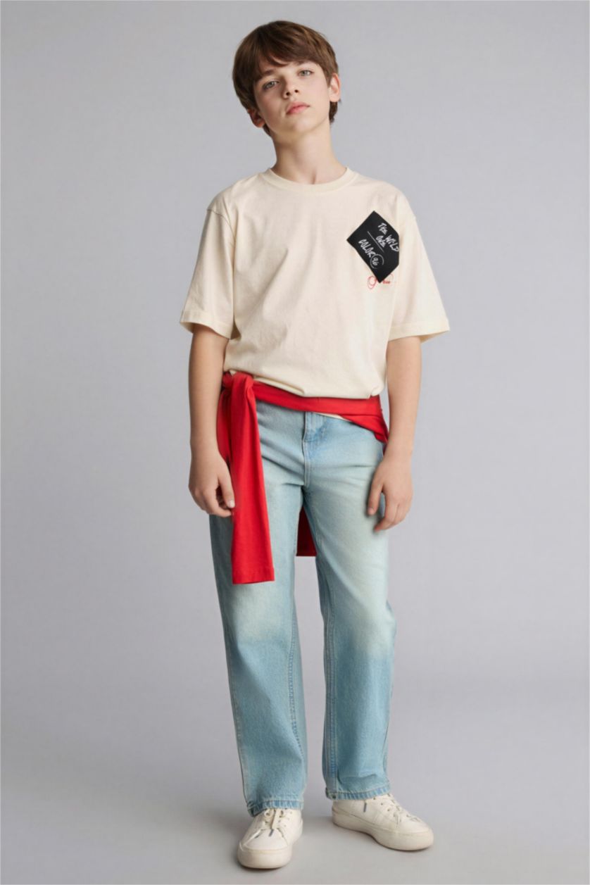 Boys & Teens Ecru تيشيرت ولادي نص ردن مطبوع بياخة مستديرة