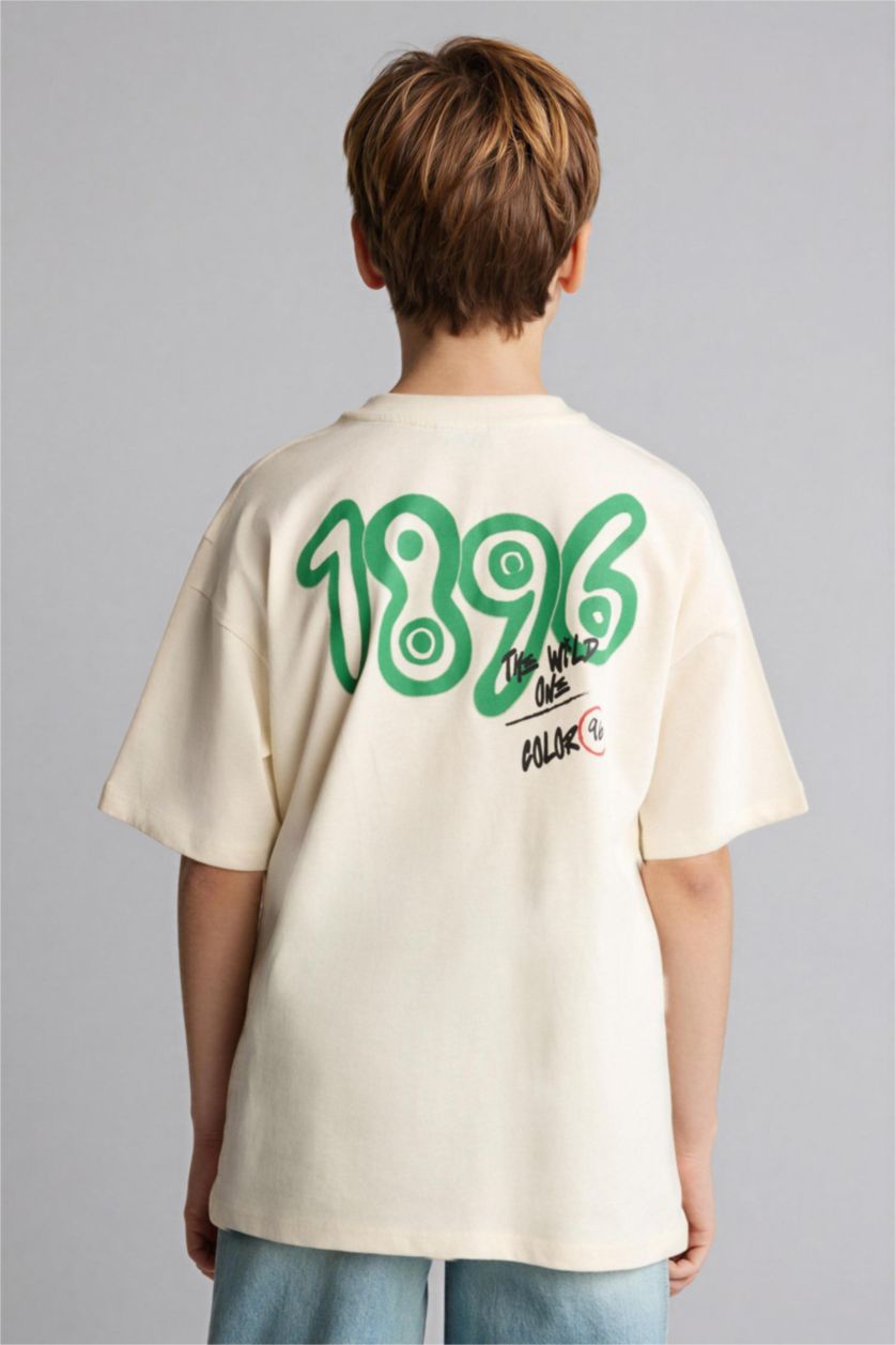 Boys & Teens Ecru تيشيرت ولادي نص ردن مطبوع بياخة مستديرة