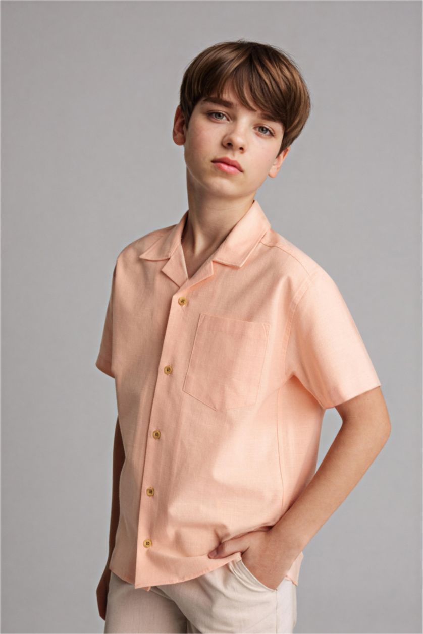 Erkek Çocuk - Genç Erkek Somon Regular Fit Kısa kollu Poplin Gömlek Erkek Çocuk