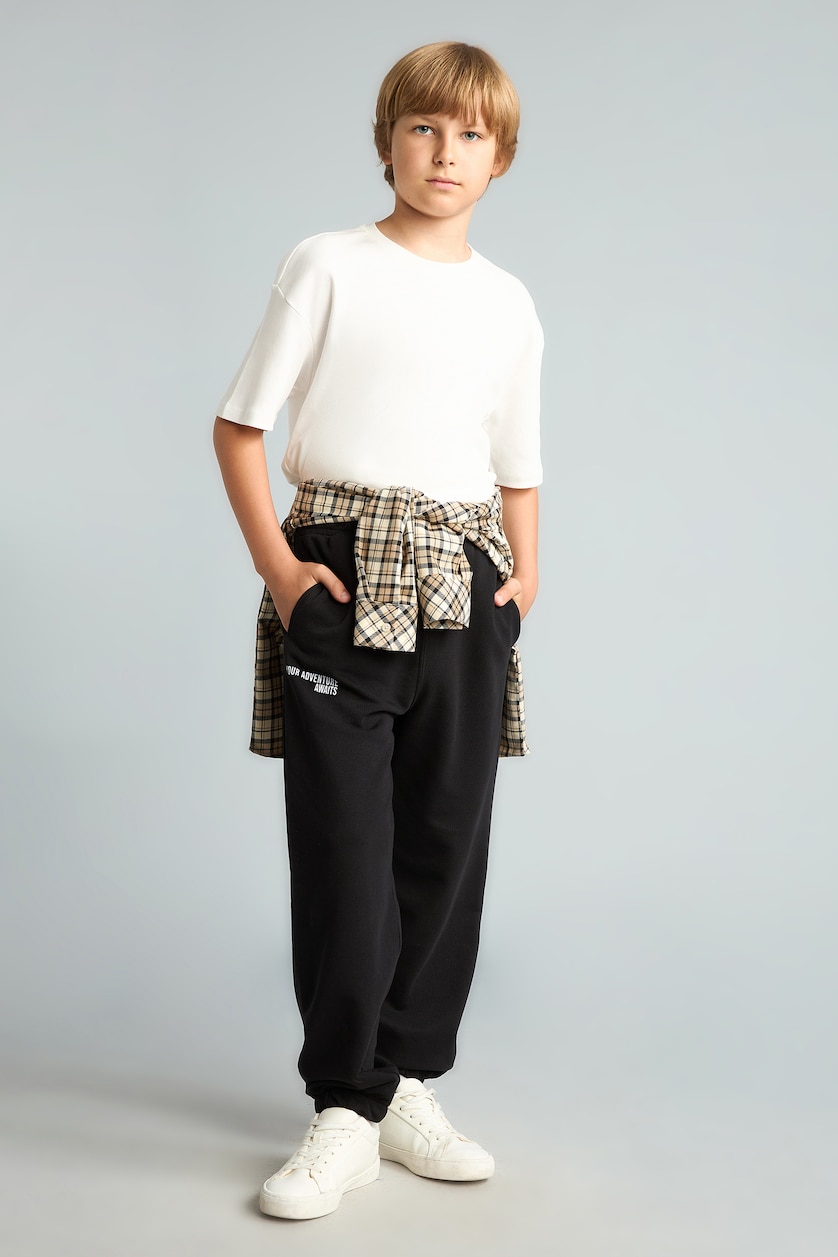 Young Boys - Teen Boys Black Boy Oversize Fit Elastic Waist Black Slogan Printed Sweatpants