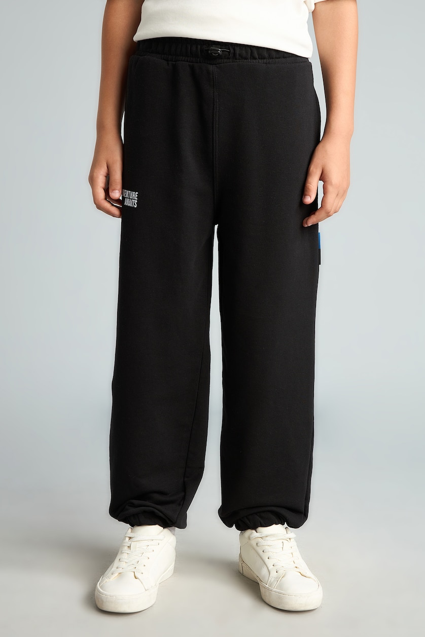 Young Boys - Teen Boys Black Boy Oversize Fit Elastic Waist Black Slogan Printed Sweatpants