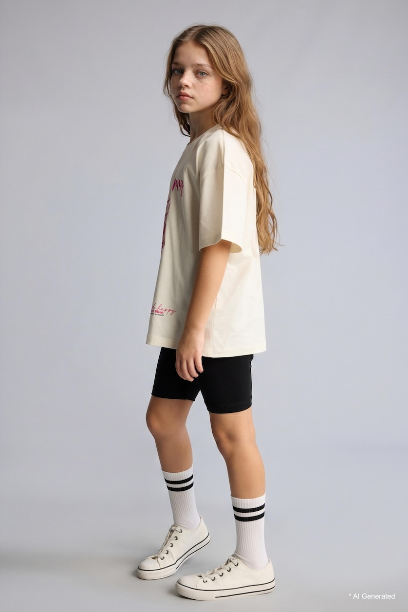 GIRLS & TEENS Ecru Girl Printed T-Shirt and Legging Shorts 2 Piece Set