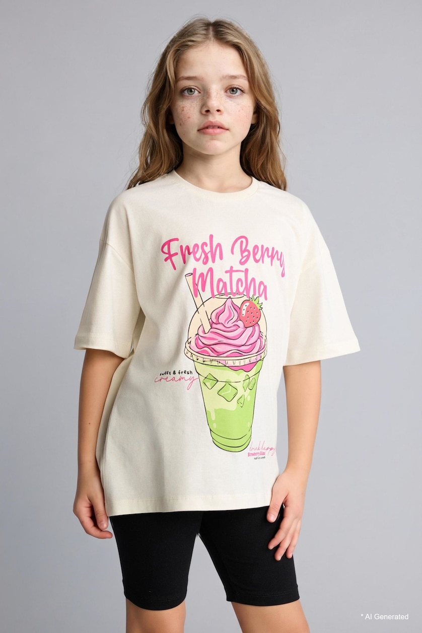 GIRLS & TEENS Ecru Girl Printed T-Shirt and Legging Shorts 2 Piece Set