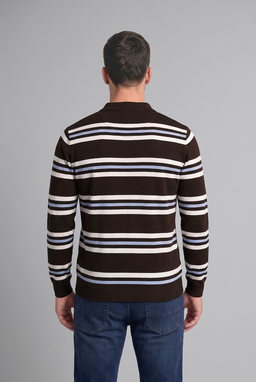 Erkek Kahve Standart Fit Çizgili Polo Yaka Kazak