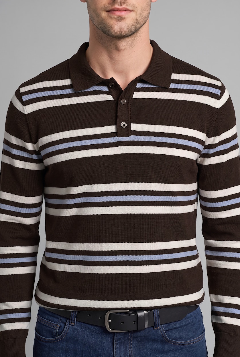 Erkek Kahve Standart Fit Çizgili Polo Yaka Kazak