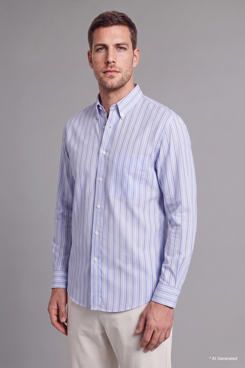 Erkek Açık Mavi Relaxed Fit Uzun Kollu Pamuklu Çizgili Gömlek