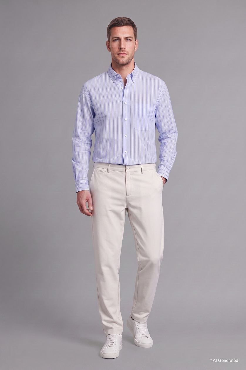 Erkek Açık Mavi Relaxed Fit Uzun Kollu Pamuklu Çizgili Gömlek