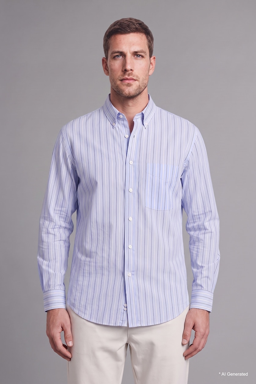 Erkek Açık Mavi Relaxed Fit Uzun Kollu Pamuklu Çizgili Gömlek