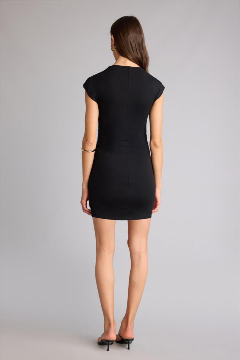 WOMAN Black Bodycon Boat Collar Ribana Mini Dress