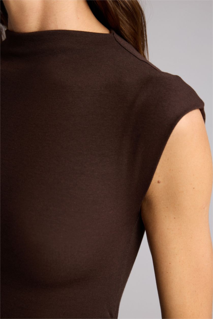 Kadın Kahve Bodycon Vücudu Saran Ribana Mini Elbise