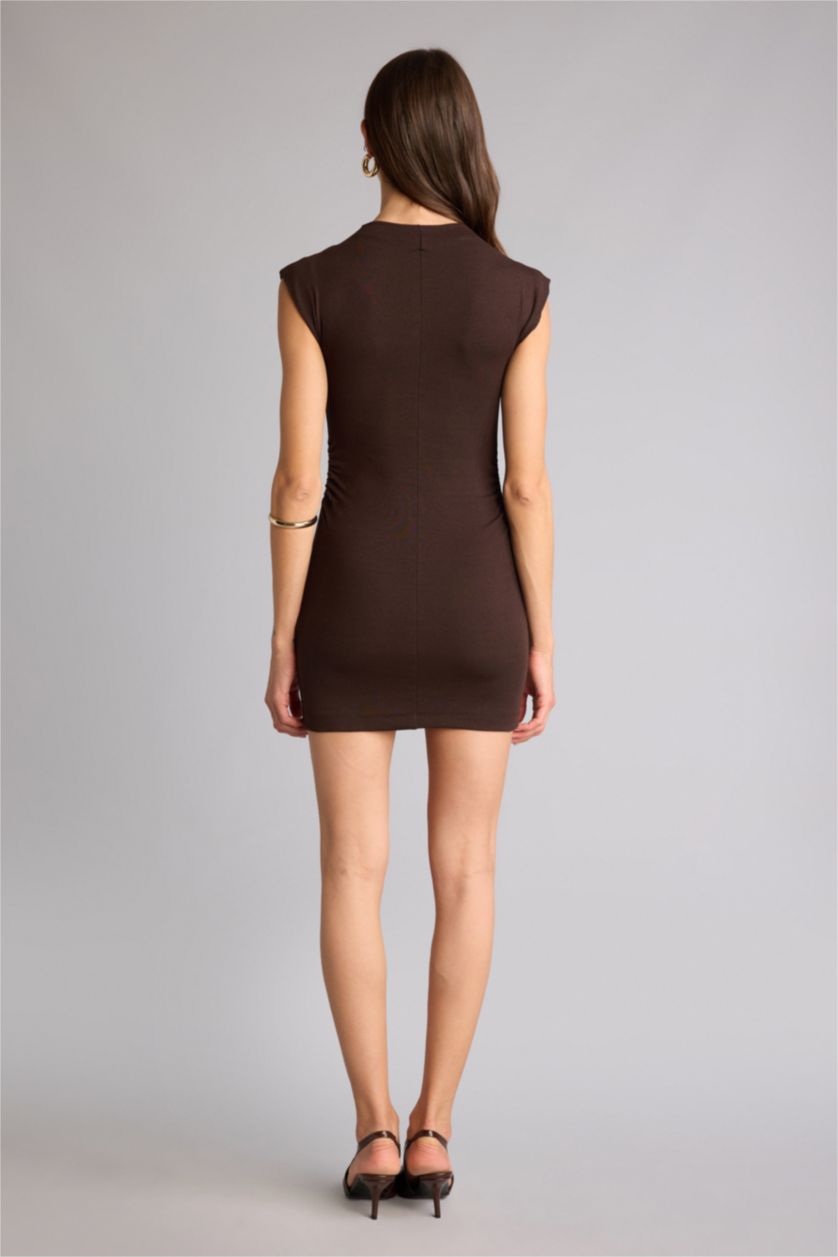 Kadın Kahve Bodycon Vücudu Saran Ribana Mini Elbise