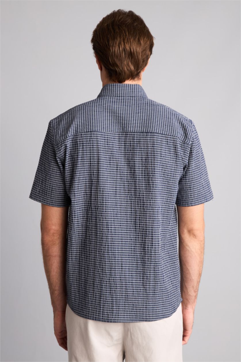 Men NAVY Regular Fit Crinkle Fabric Short Sleeve Shirt