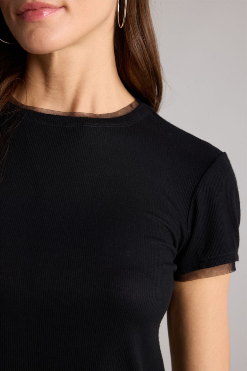 Kadın Siyah Slım Fıt Basıc Fitilli Kaşkorse Tişört
