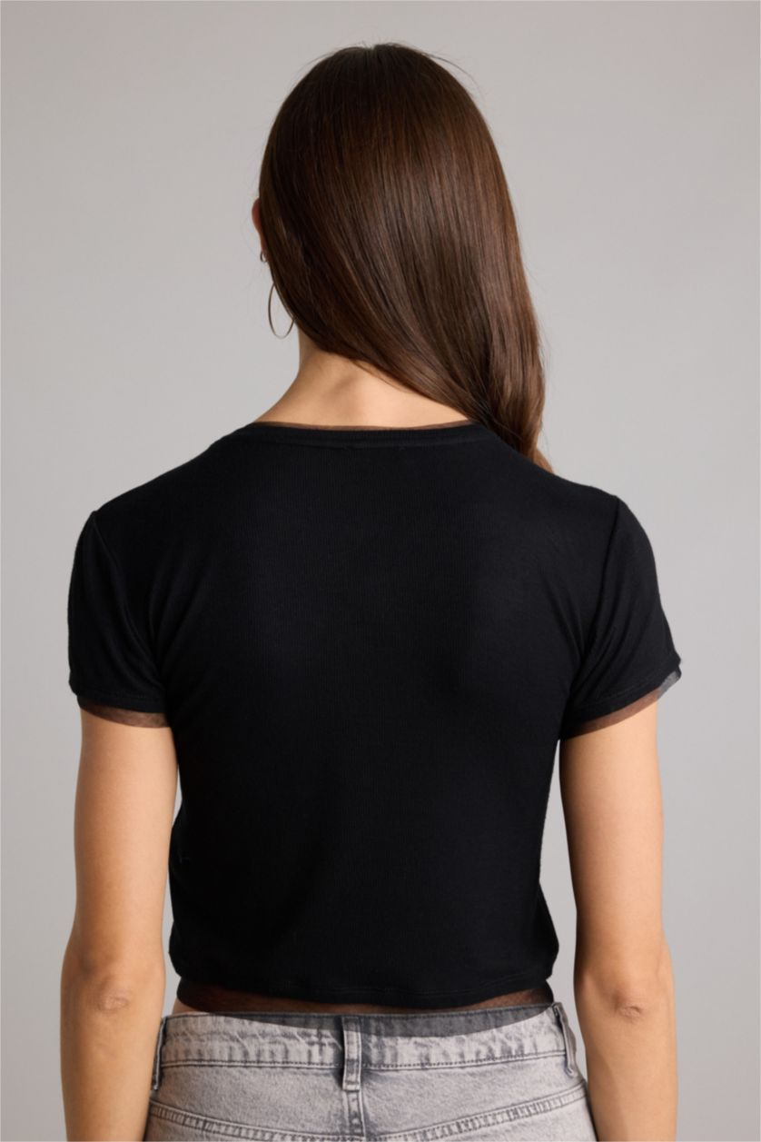 Kadın Siyah Slım Fıt Basıc Fitilli Kaşkorse Tişört