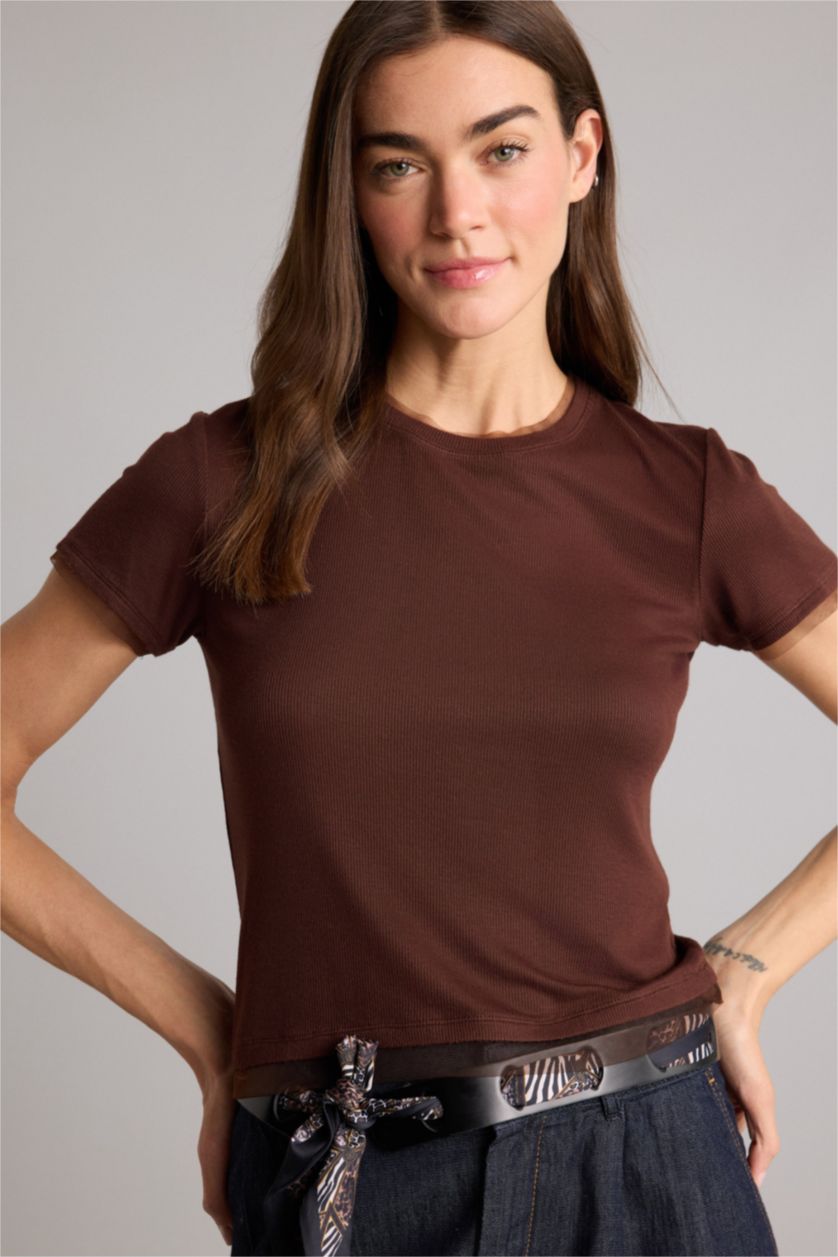 Kadın Kahve Slım Fıt Basıc Fitilli Kaşkorse Tişört