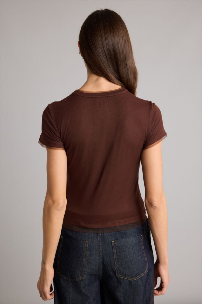 Kadın Kahve Slım Fıt Basıc Fitilli Kaşkorse Tişört