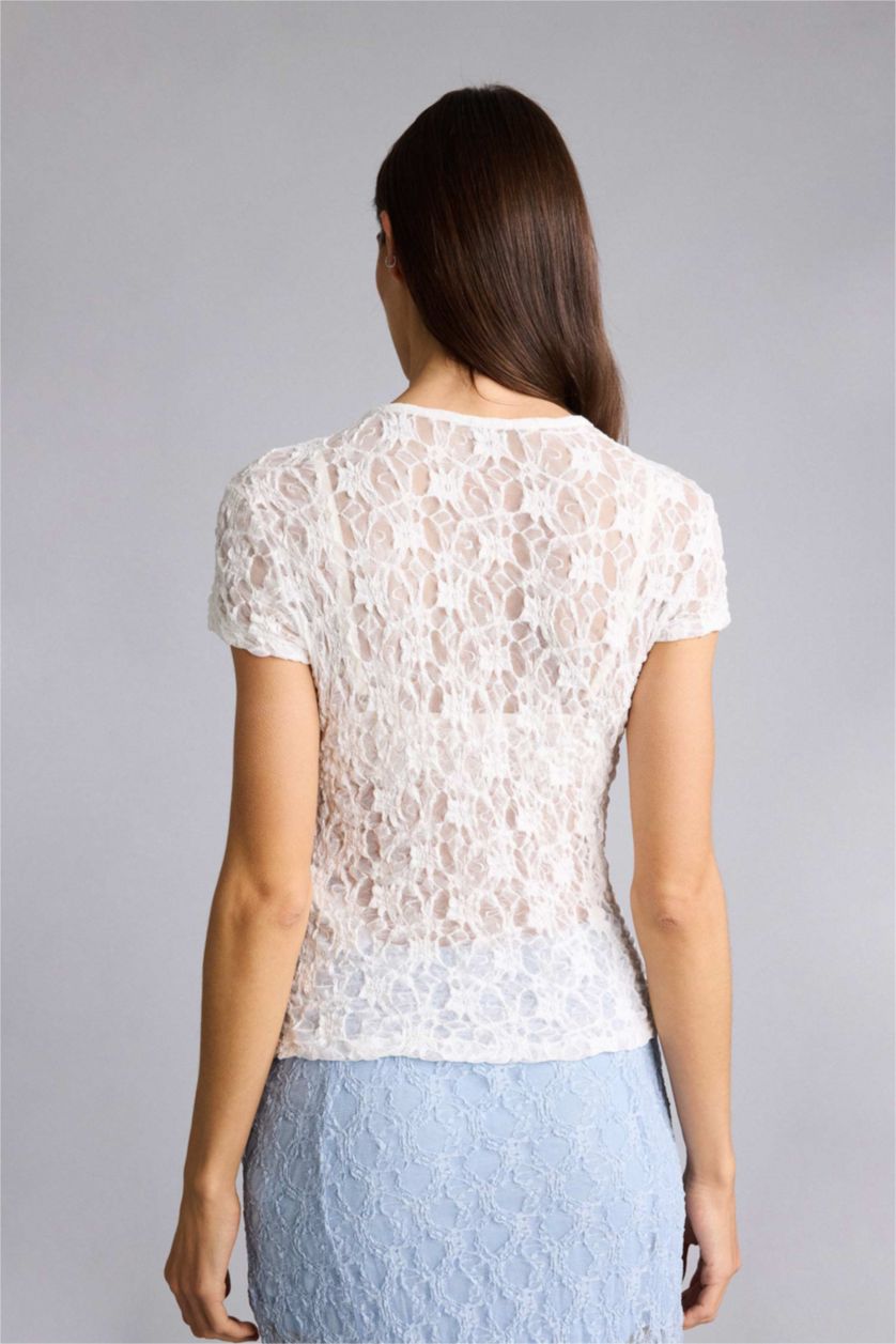 Kadın Ekru Slım Fıt Bisiklet Yaka Dantel Kısa Kollu Tişört