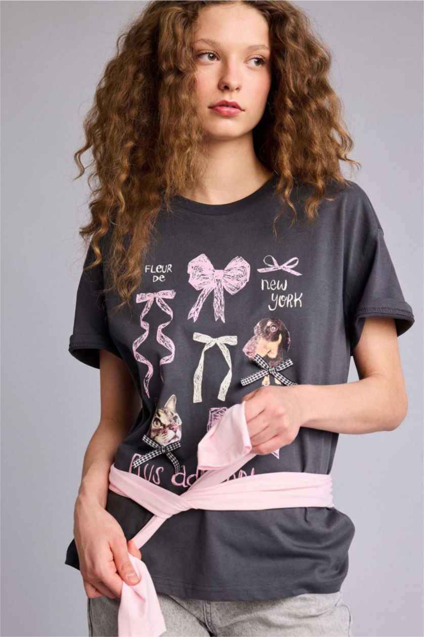 Kadın Antrasit Oversıze Bisiklet Yaka Baskılı Kısa Kollu Tişört