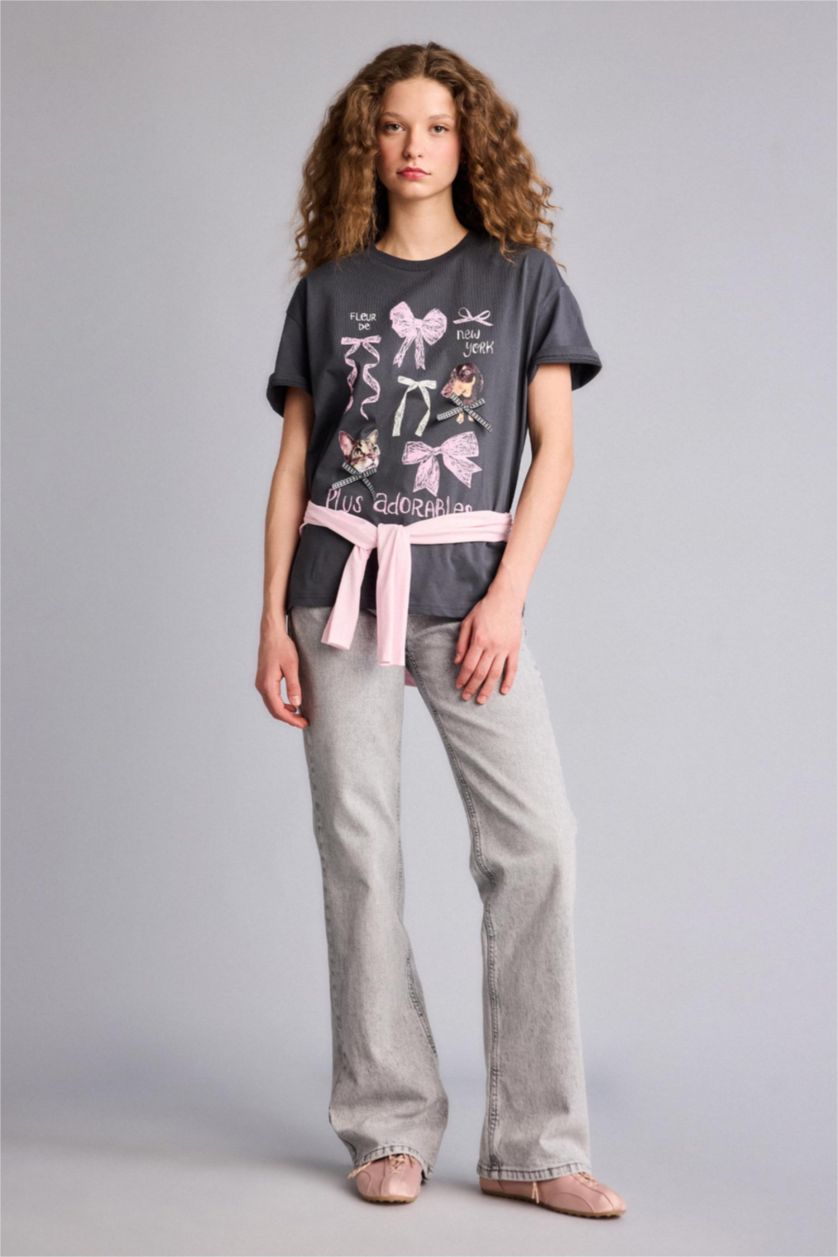 Kadın Antrasit Oversıze Bisiklet Yaka Baskılı Kısa Kollu Tişört