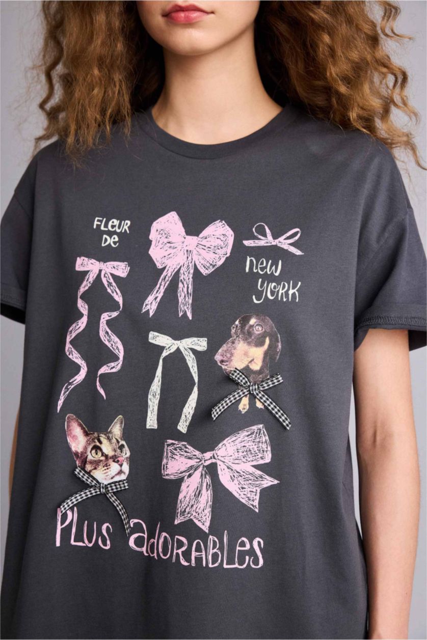 Kadın Antrasit Oversıze Bisiklet Yaka Baskılı Kısa Kollu Tişört