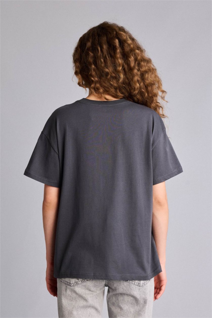 Kadın Antrasit Oversıze Bisiklet Yaka Baskılı Kısa Kollu Tişört