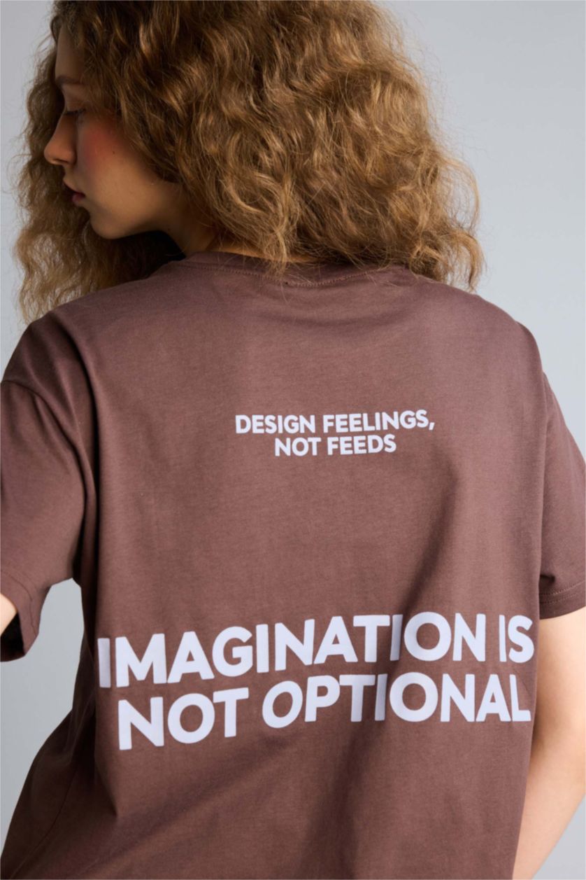 Kadın Kahve Oversıze Bisiklet Yaka Baskılı Kısa Kollu Tişört