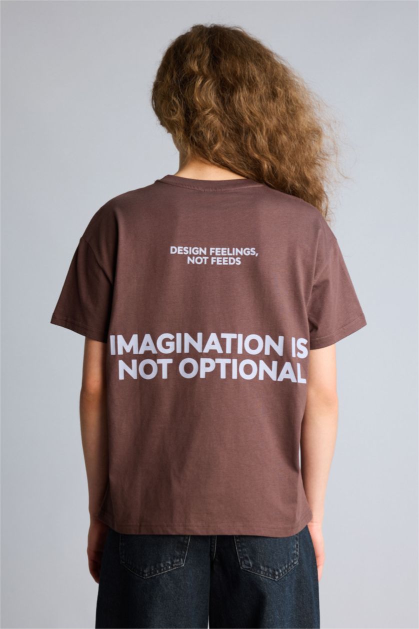 Kadın Kahve Oversıze Bisiklet Yaka Baskılı Kısa Kollu Tişört