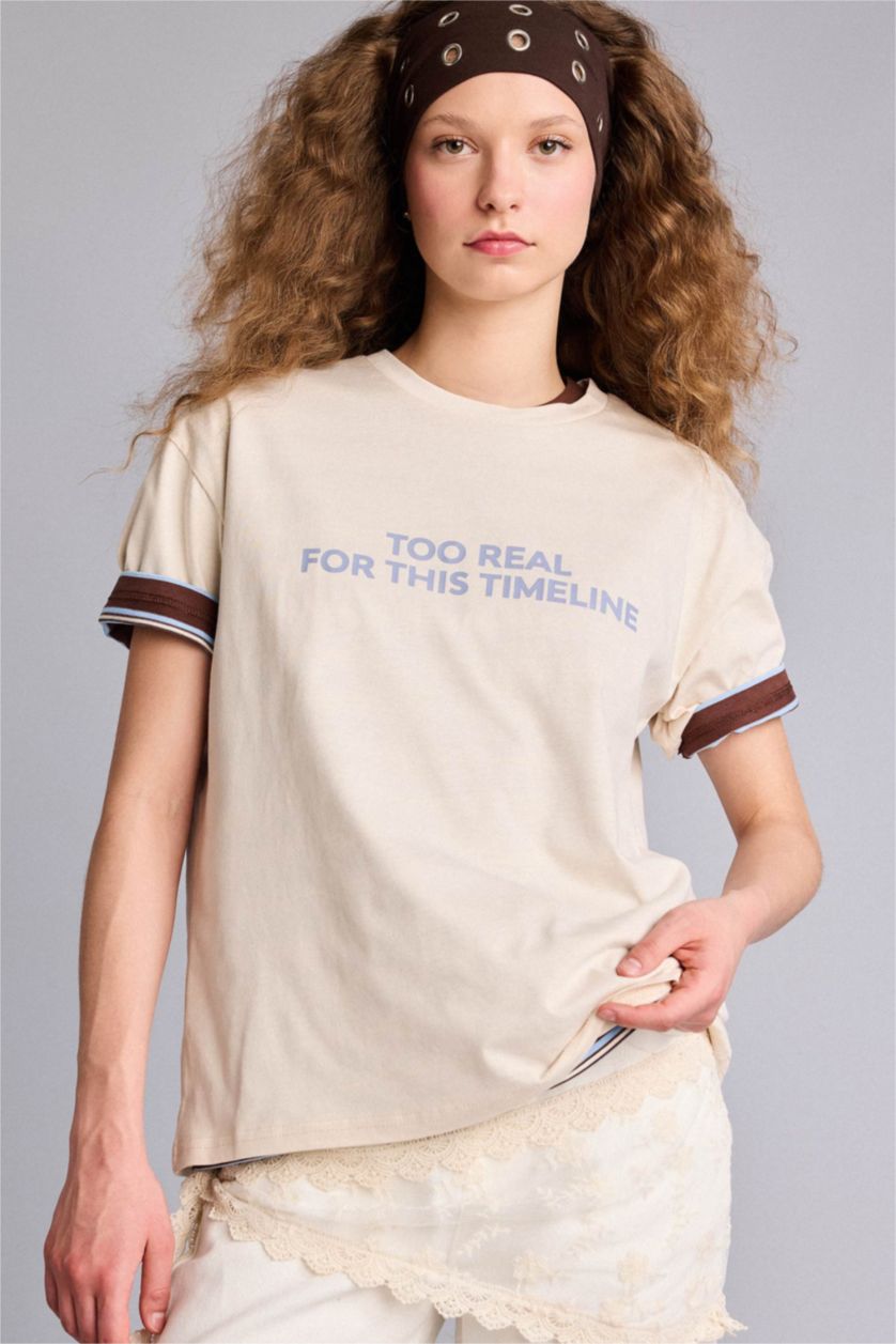 Kadın Ekru Oversıze Bisiklet Yaka Baskılı Kısa Kollu Tişört