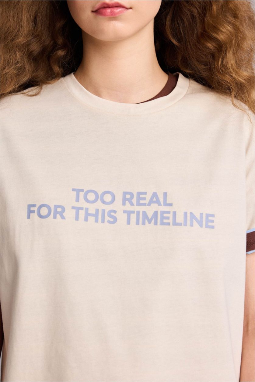 Kadın Ekru Oversıze Bisiklet Yaka Baskılı Kısa Kollu Tişört