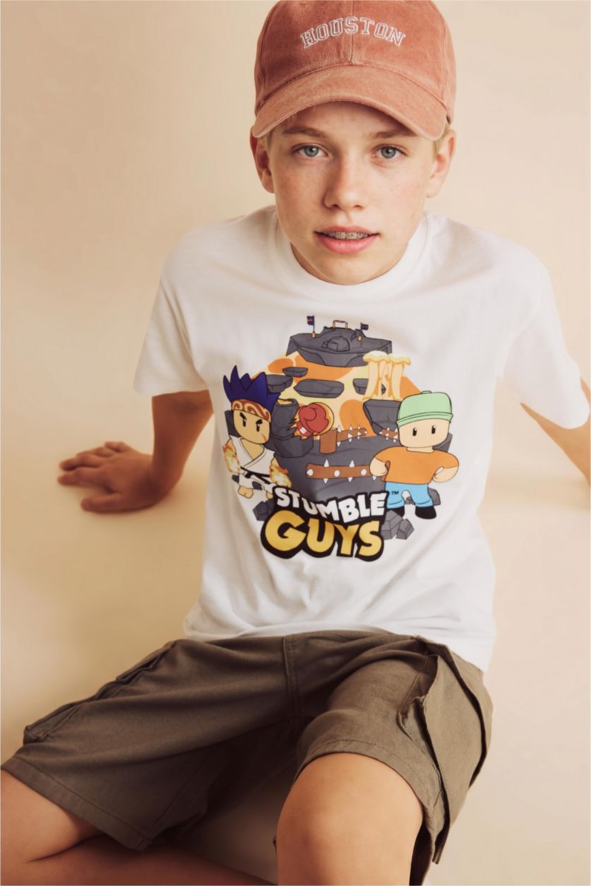 Erkek Çocuk - Genç Erkek Ekru %100 Pamuk Stumble Guys Lisanslı Tişört Erkek Çocuk