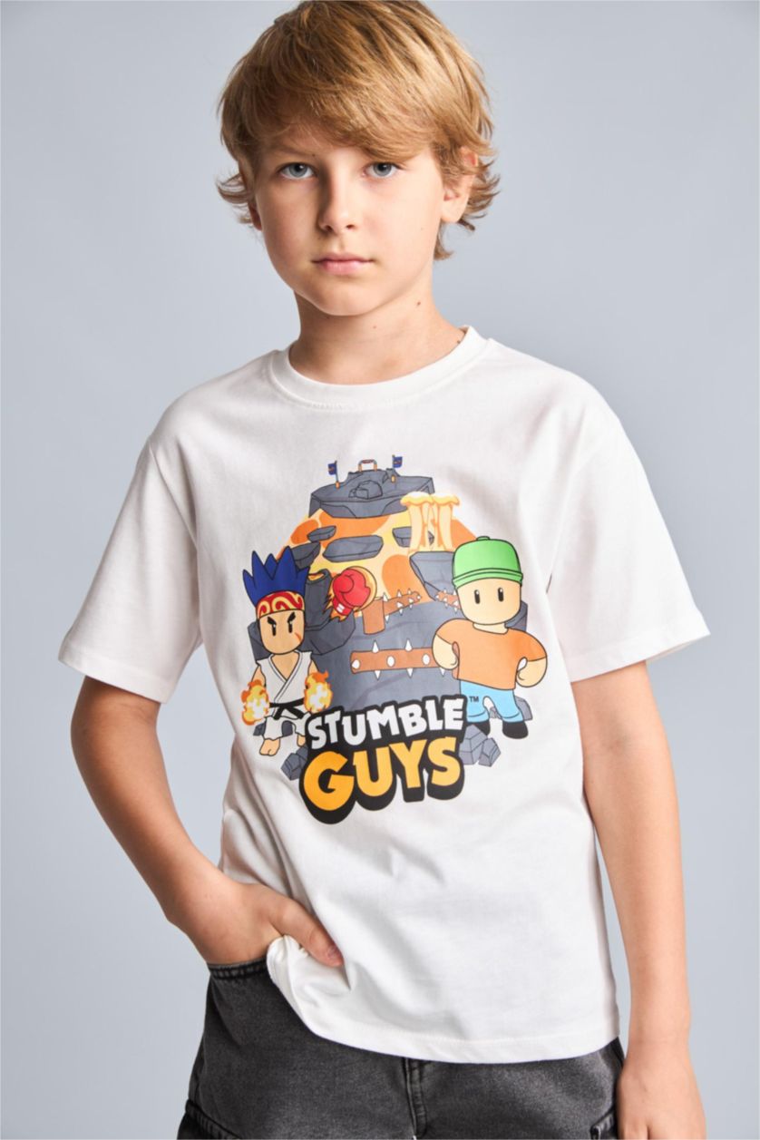 Erkek Çocuk - Genç Erkek Ekru %100 Pamuk Stumble Guys Lisanslı Tişört Erkek Çocuk